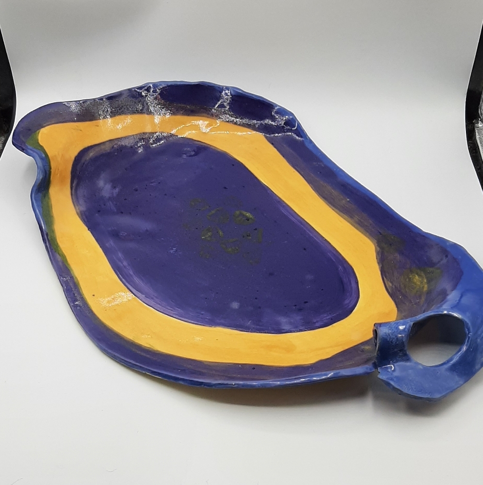Vintage Handmade Slab Clay Pottery Serving Tray Colorful Carole Andrews